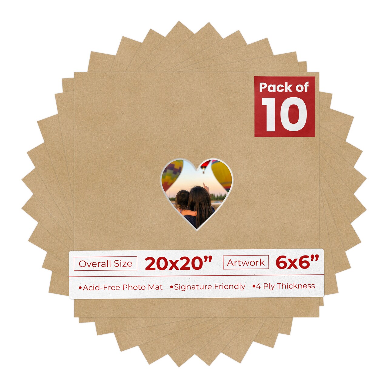 Beige Suede Mat Board for 20x20 Frames - Heart Opening for 6x6 Photos